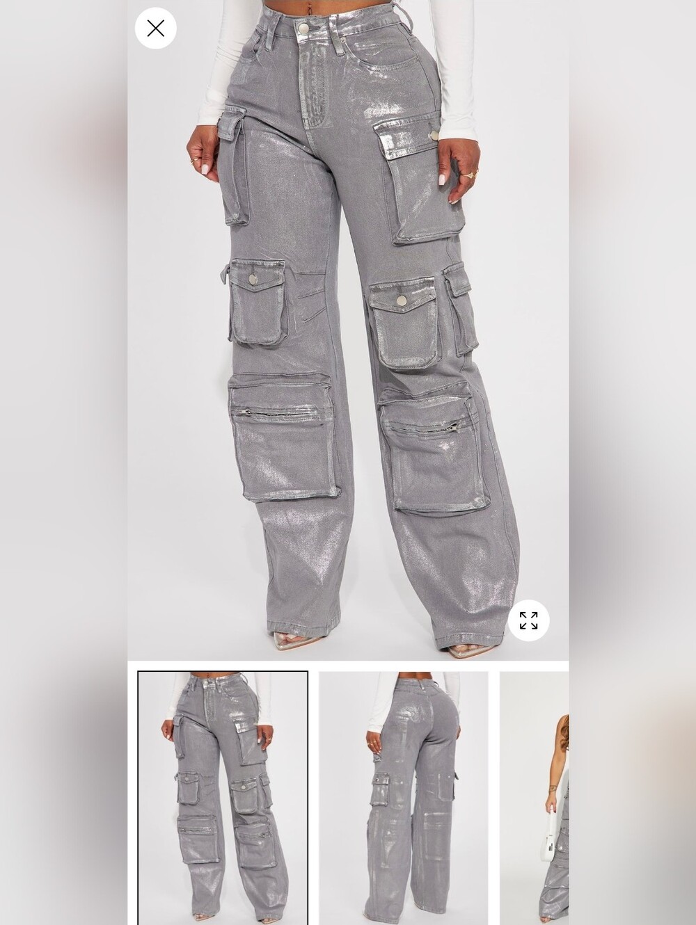 Fashion Nova Metallic Gray Wide Leg Cargo Pants